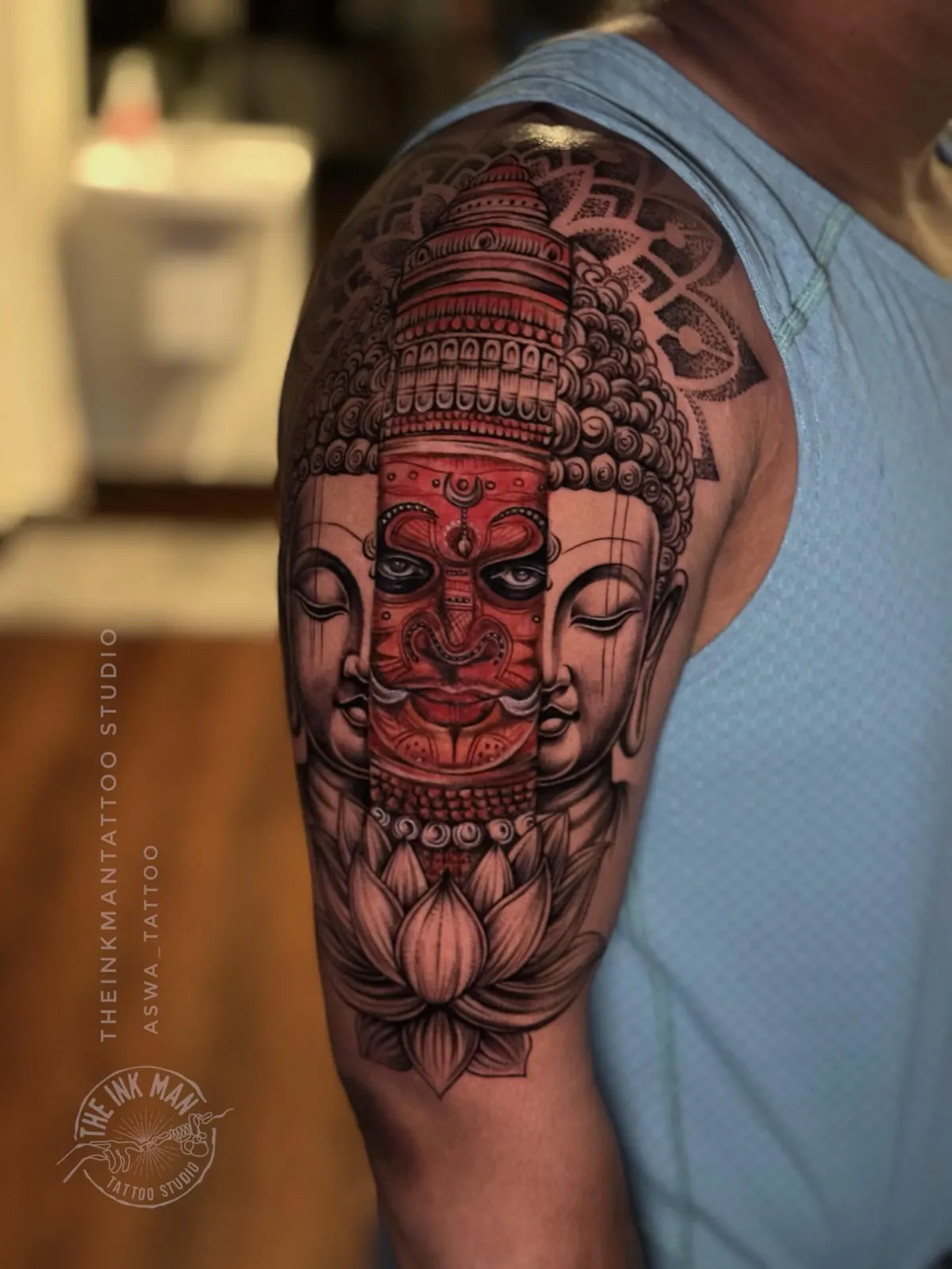 Kathakali tattoo on the shoulder by Aswa Tattoo